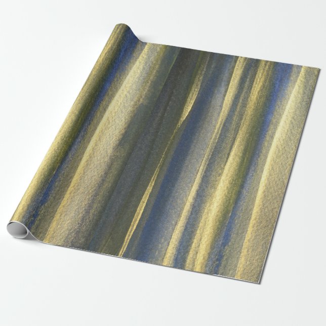 Guld Blå Linjer Matta Inpackningspapper, 76 cm x 1 Presentpapper (Utrullad)