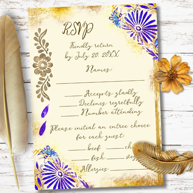 Guld & Blå Mexikansk Barock Kolibri Bröllop OSA Kort (A fusion of rustic gold textures and vibrant Talavera blue blooms for a refined wedding RSVP.)