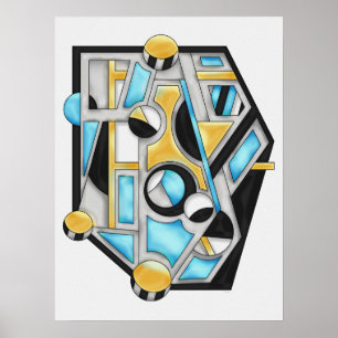 Guld & Blå Modern Geometrisk Abstraktion Poster