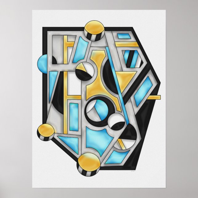 Guld & Blå Modern Geometrisk Abstraktion Poster (Framsidan)