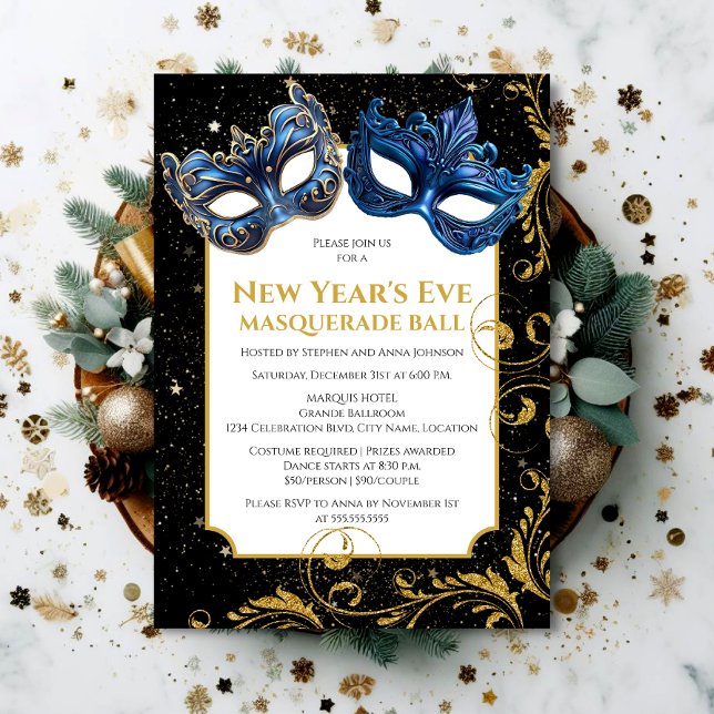 Guld Blå Nyårsmaskeradbalen Inbjudningar (Set the tone for a memorable NYE celebration by inviting your guests with this elegant invitation.)