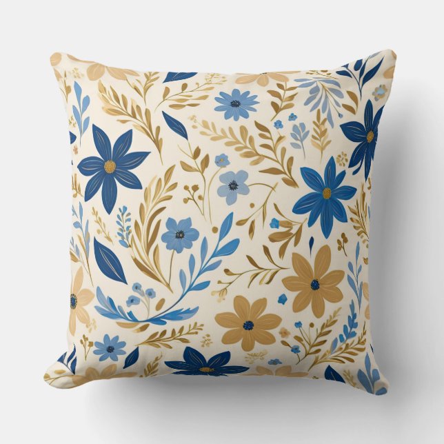 Guld blå och vit blommigt kudde (Framsida)