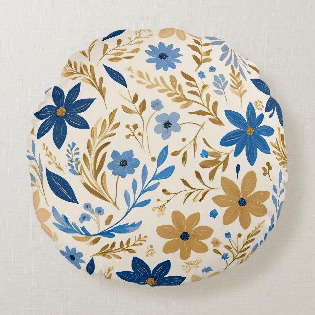Guld blå och vit blommigt rund kudde (Framsidan)