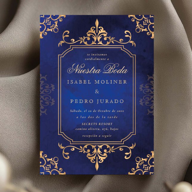 Guld & Blå Prydnad Vintage Nuestra Boda Bröllop Inbjudningar (Skapare uppladdad)
