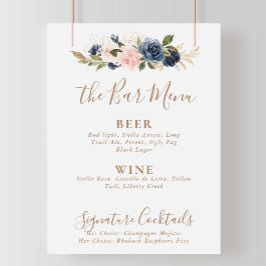 Guld Blå Rosa Blommor Bröllops Bar Meny Poster