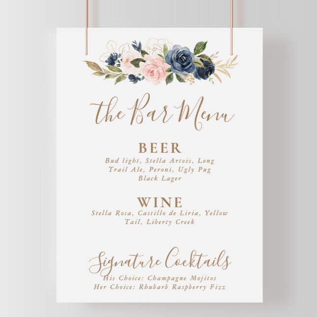 Guld Blå Rosa Blommor Bröllops Bar Meny  Poster (Skapare uppladdad)