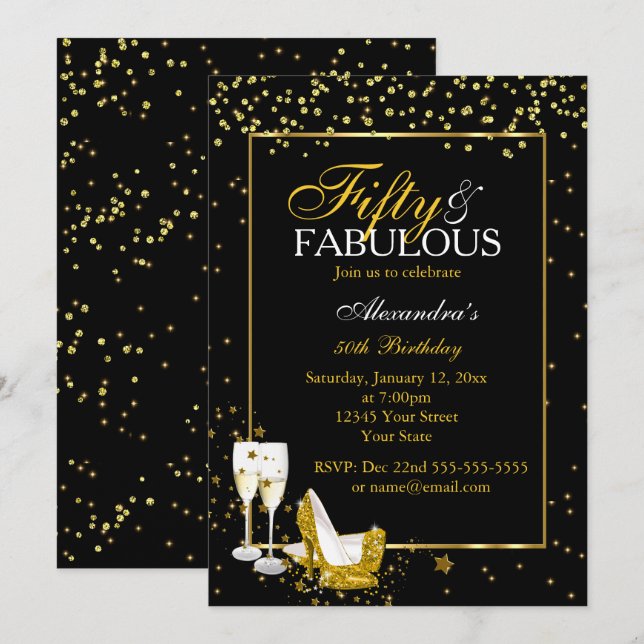 Guld Black 50 Fabulous Birthday champagne party Inbjudningar (Fram/baksida)