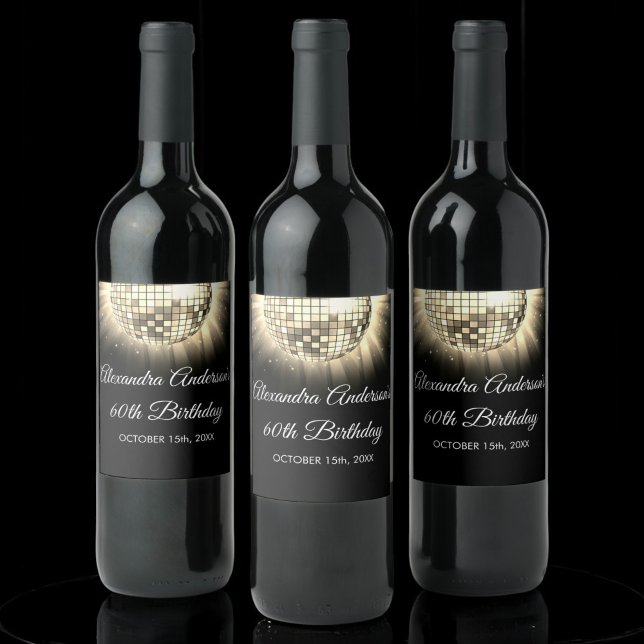 Guld Black 60:e Födelsedagsfesten 70:s Disco Boll Vinflaska Etikett (Skapare uppladdad)
