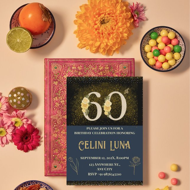 Guld & Black 61:e-69:e Födelsedagsfest inbjudan (Gold & Black 60th Birthday Invitations)