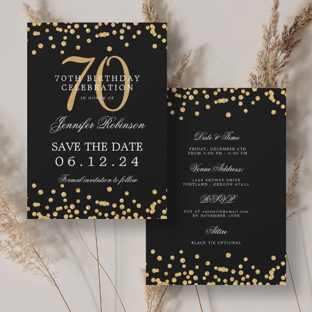 Guld Black 70 Birthday Spara datum och information Inbjudningar (Gold Black 70th Birthday Save the Date & Details Invitation)