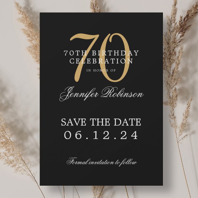 Guld Black 70 Birthday Spara datumet Inbjudningar (Gold Black 70th Birthday Save the Date Invitation)