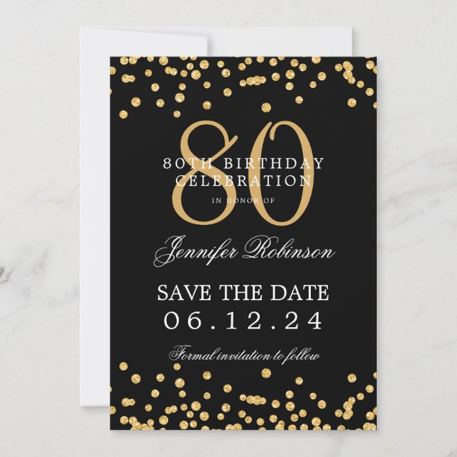 Guld Black 80 Birthday Spara datumkonfetti Inbjudningar (Framsida)