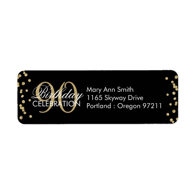 Guld Black 90:e Birthday Glitter Confetti Returadress Etikett (Framsidan)