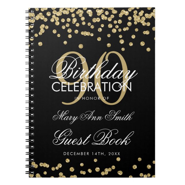 Guld Black 90:e Birthday Guest Bok Confetti Anteckningsbok (Framsidan)