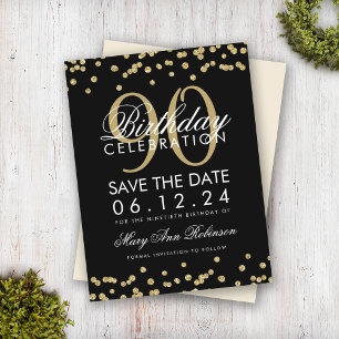 Guld Black 90:e Birthday Spara Date Confetti Invit Vykort