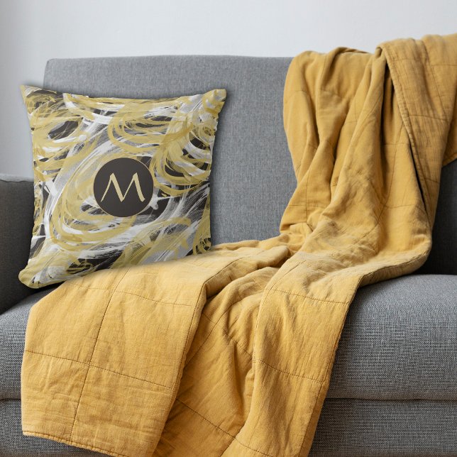 Guld Black Abstrakt Swirl Monogram Kudde (Skapare uppladdad)