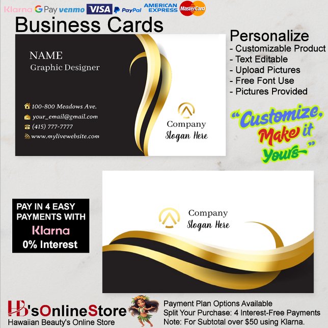 Guld & Black Affärskort 2 Pack om 100 Visitkort (Gold & Black Business Cards 2 Pack of 100.)