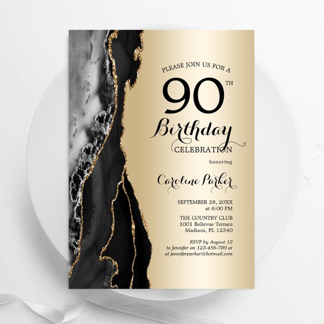 Guld Black Agate 90:e Birthday Inbjudningar (Skapare uppladdad)