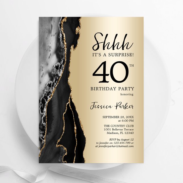 Guld Black Agate Surprise 40:e födelsedagen Inbjudningar (Skapare uppladdad)