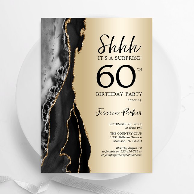 Guld Black Agate Surprise 60:e födelsedagen Inbjudningar (Skapare uppladdad)