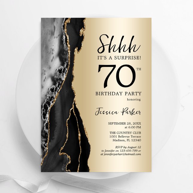 Guld Black Agate Surprise 70:e födelsedagen Inbjudningar (Skapare uppladdad)
