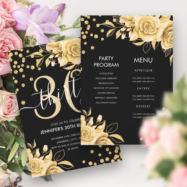 Guld Black AllinOne Blommigt Glitter 30års födelse Inbjudningar (Gold Black AllinOne Floral Glitter 30th Birthday Invitation)