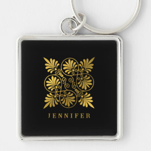 Guld Black Ancient Grekiska Meander Monogram Fyrkantig Silverfärgad Nyckelring
