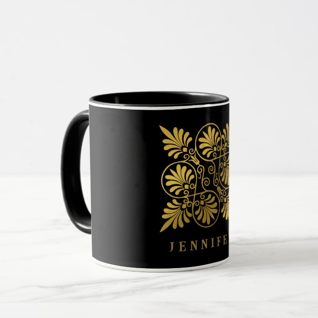 Guld Black Ancient Grekiska Meander Monogram Mugg (Framsida vänster)