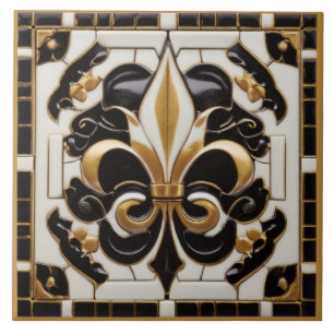 Guld Black and White Fleur de Lis Faux Relief Kakelplatta