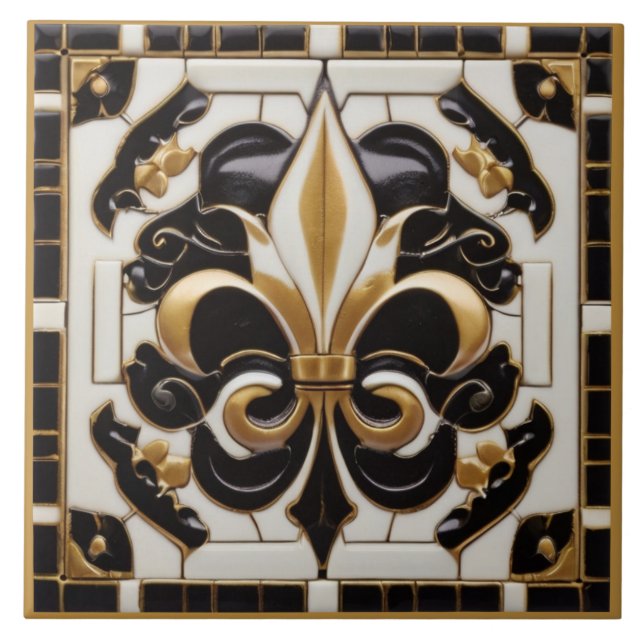 Guld Black and White Fleur de Lis Faux Relief Kakelplatta (Framsidan)