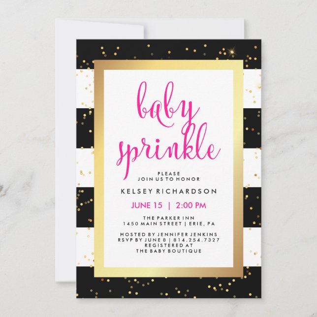 Guld Black and White Rand Baby Sprinkle | Rosa Inbjudningar (Framsida)