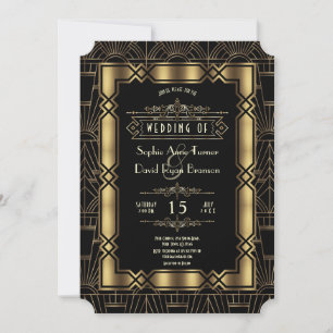 Guld Black Art Deco 1920-talet Stil Bröllop Inbjudningar