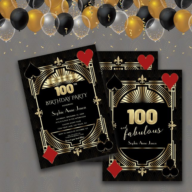 Guld Black Art Deco Casino Poker 100-årsdagen Inbjudningar (#birthdayinvitation #casinobirthdayparty)