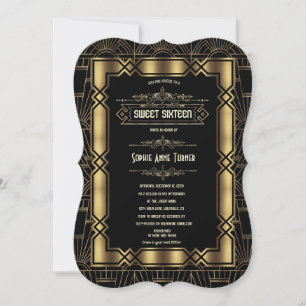 Guld Black Art Deco Gatsby 1920-talet Sweet sixtee Inbjudningar