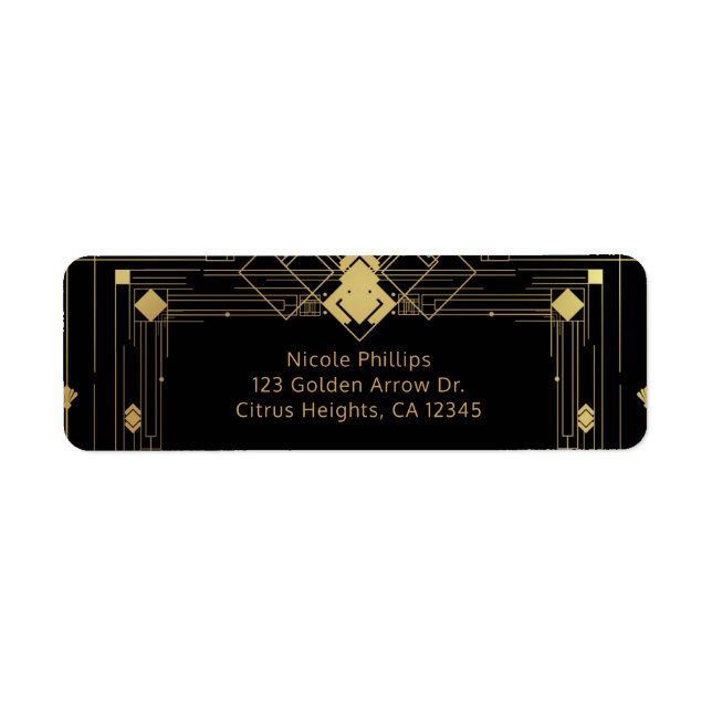 Guld & Black Art Deco Gatsby Roaring 20:s Elegant Returadress Etikett (Framsidan)