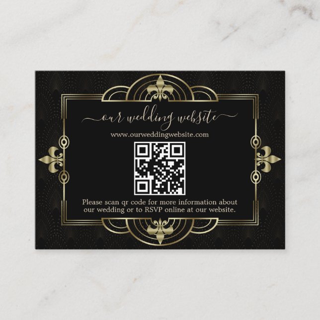 Guld Black Art Deco QR-koden Bröllop Tilläggskort (Framsida)