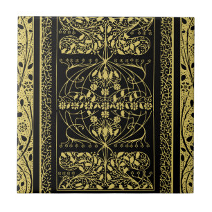 Guld & Black Art Deco Vintage Blommigt Swirl Kakelplatta