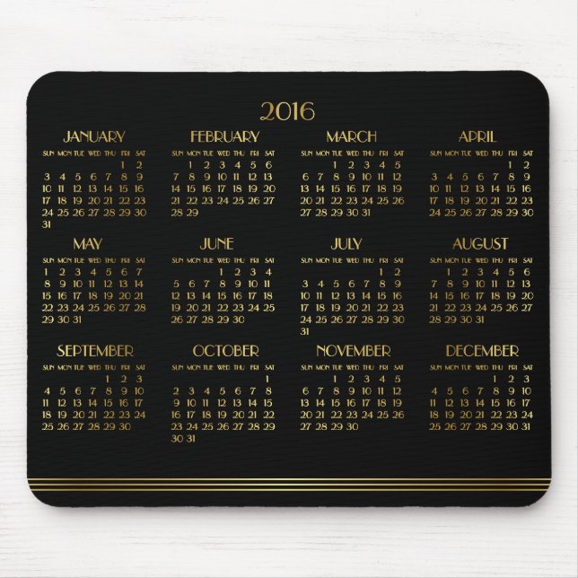 Guld Black Art Deco Yarly Calendar 2016 Mousepad Musmatta (Framsidan)