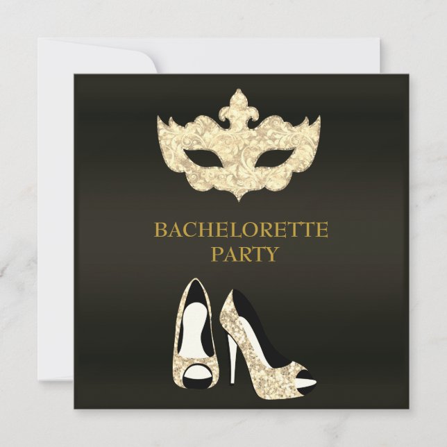 GULD BLACK BACHELORETTE MASQUERADE PARTY INBJUDNINGAR (Framsida)