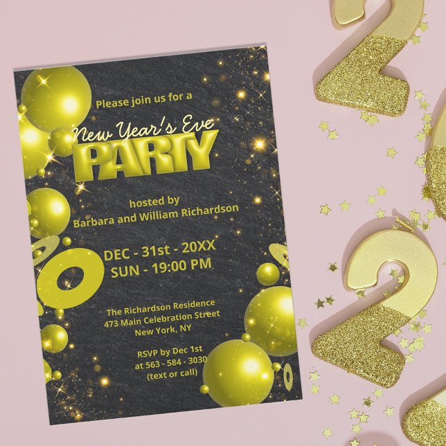 Guld Black Balloi Confetti Nyårsafton Party Inbjudningar (Skapare uppladdad)