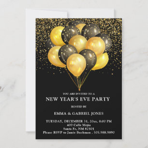 Guld & Black Balloons Nyårsafton Party Inbjudningar
