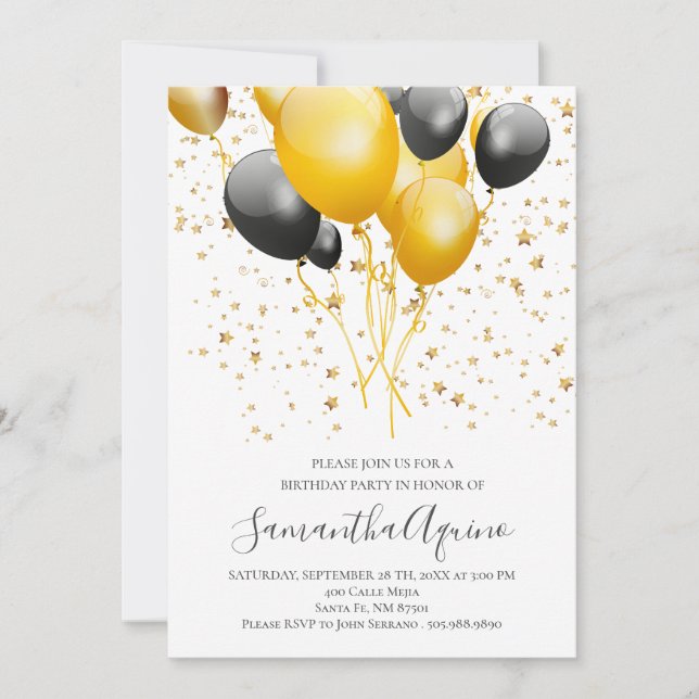 Guld & Black Balloons Star Confetti Birthday White Inbjudningar (Framsida)