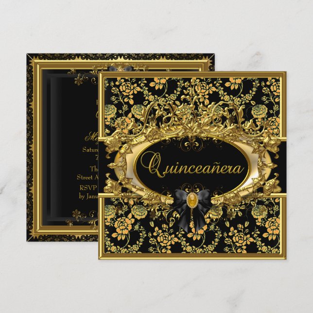 Guld & Black Blommigt Damask Quinceanera Inbjudan (Fram/baksida)