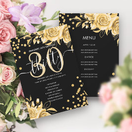 Guld Black Blommigt Glitter 30 Birthday Menu Progr Inbjudningar