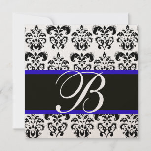 GULD & BLACK BLUE DAMASK MONOGRAM, vit Inbjudningar
