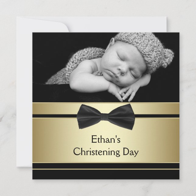Guld Black Bow Tie Pojke Photo Christening Inbjudningar (Framsida)