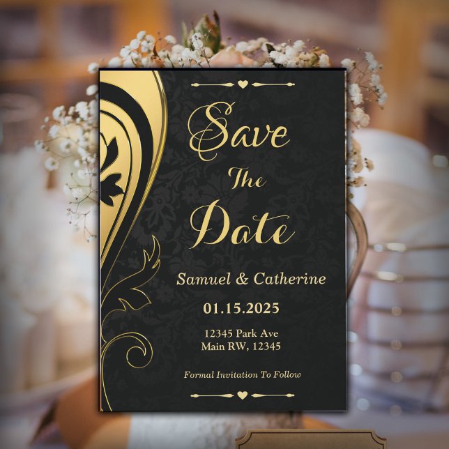 Guld Black Bröllop och årsdagen för personaliserin Spara Datumet (Gold Black Save The Date Invite )