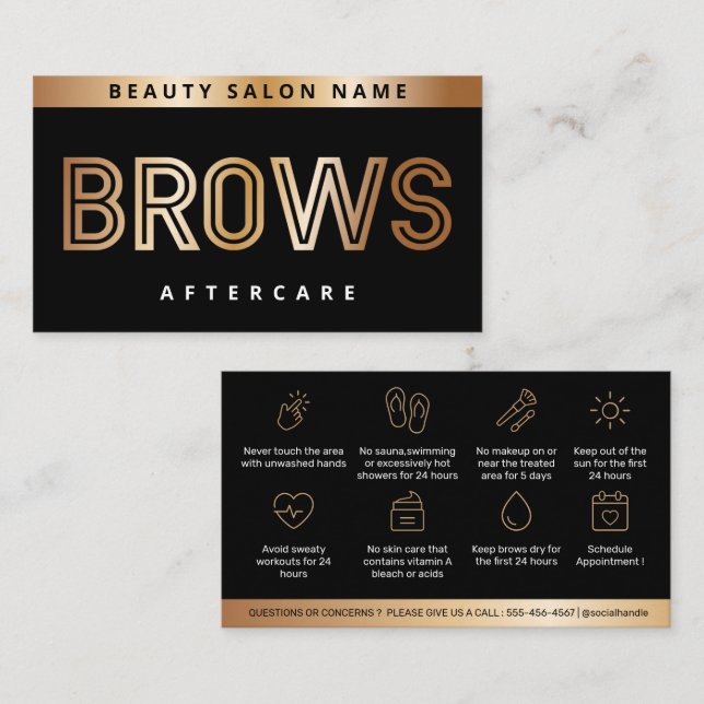 Guld Black Brows Aftercare PMU Brow Instructions Visitkort (Fram/baksida)