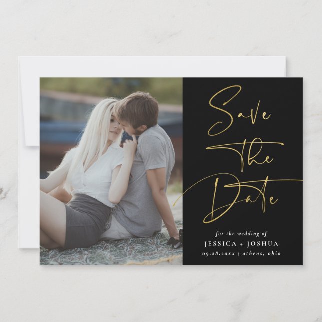 Guld & Black Calligraphy Photo Save Date Card Inbjudningar (Framsida)