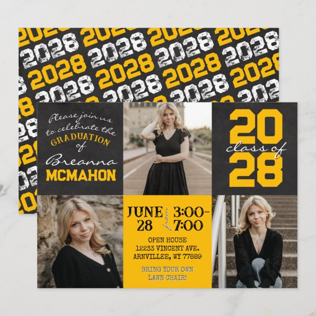 Guld & Black Chalkboard 3 Photo Studenten Inbjudningar (Fram/baksida)